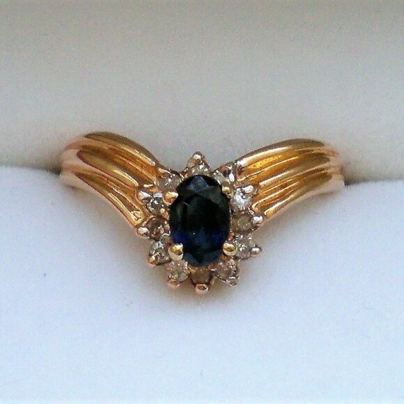 Vintage Solid 14K Yellow Gold 0.73CT Sapphire Diamond V Design Chevron Ring P - Picture 1 of 10